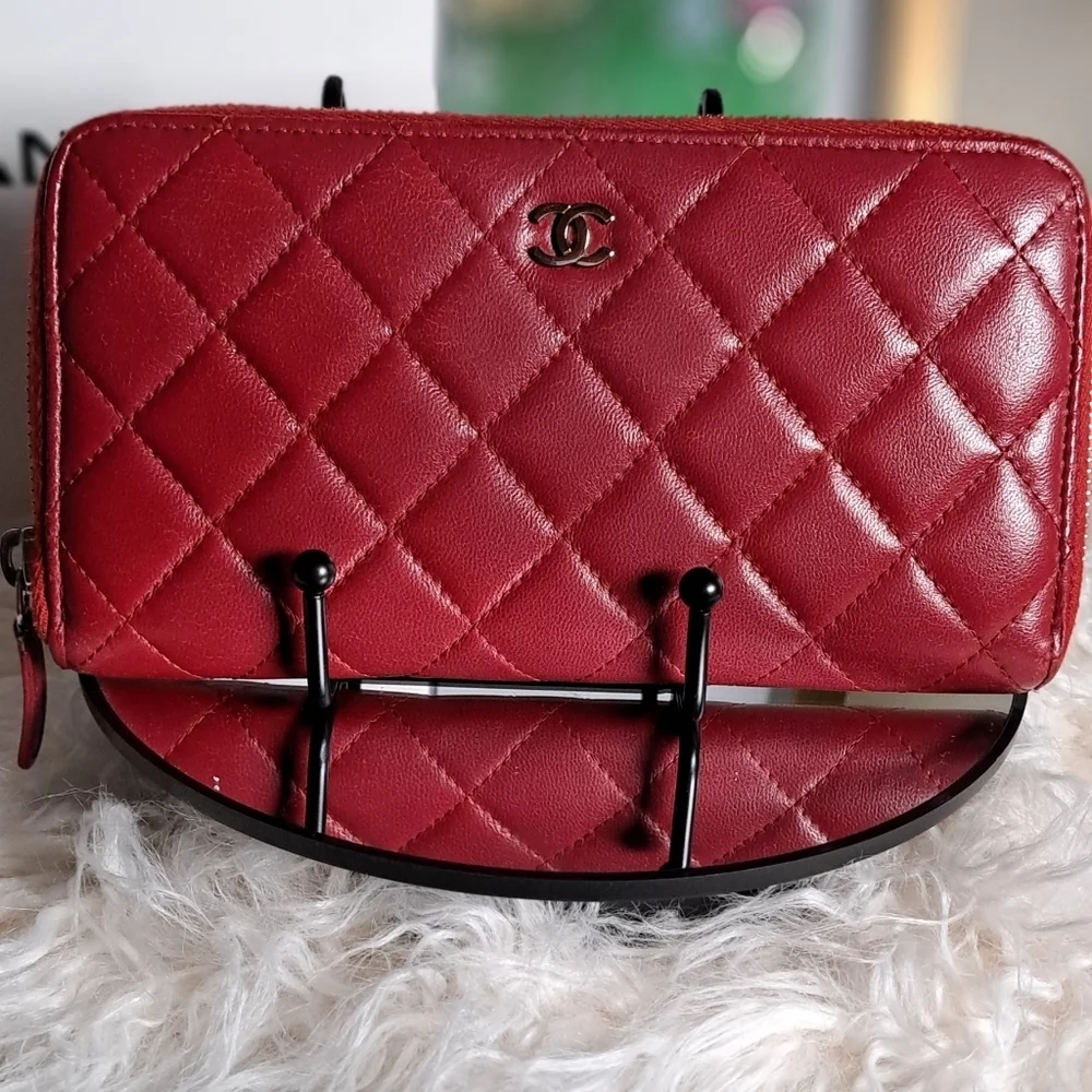 Chanel Red Quilted Cavier Zip Around Wallet With COA